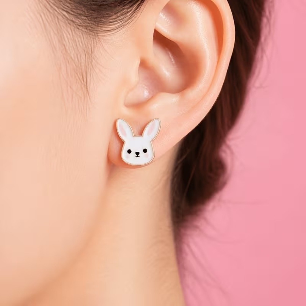 White Enamel Bunny Stud Earrings Gold Tone Rabbit Animal Jewelry for Women